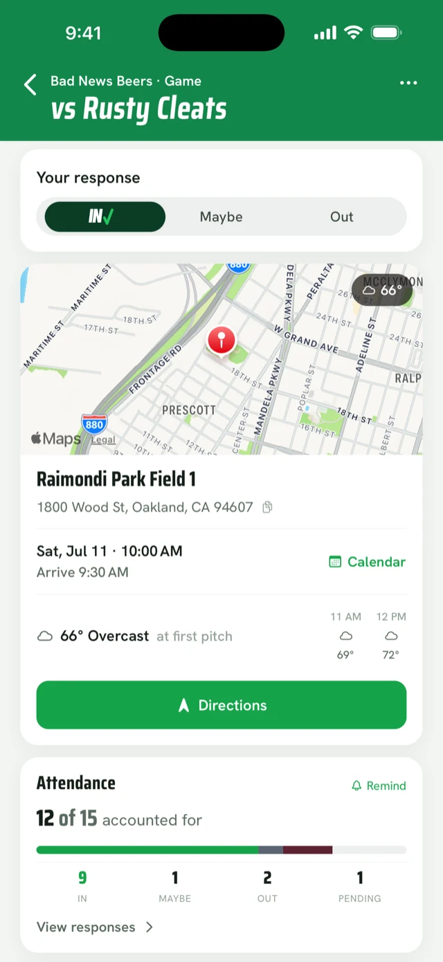 A game page — your In response, a live map to Raimondi Park Field 1, and the forecast at first pitch.