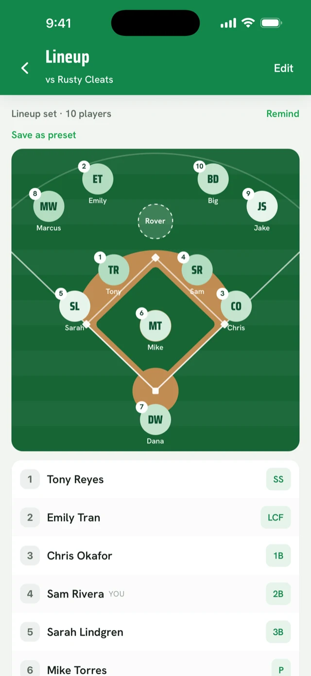 The lineup board — ten players placed on a real softball diamond, with the batting order below.