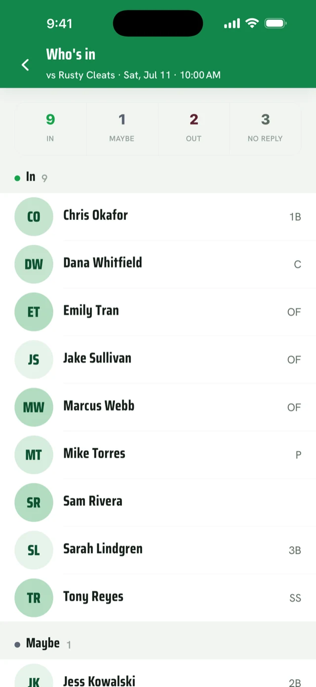 The Who's in board — 9 in, 1 maybe, 2 out, 3 no reply, with every teammate grouped by their answer.