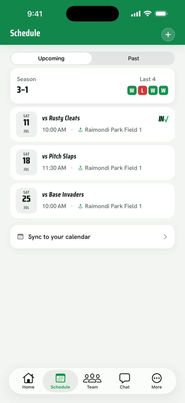 The Schedule tab — a 3–1 season with the last four results, and the next three games with date, time, and field.